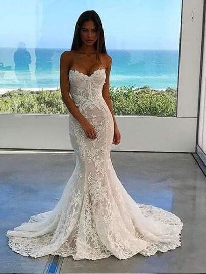 Floor Length White Lace Strapless Prom ...